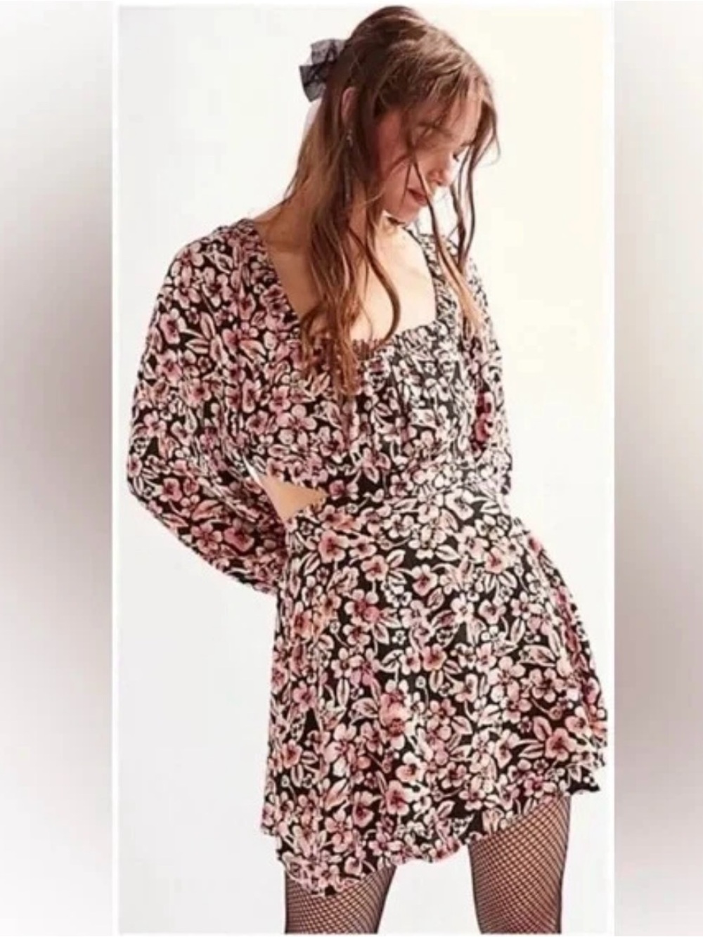 Free People Mini Dress Jael Black Floral Cut Out Sides Long Puff Sleeve Size S